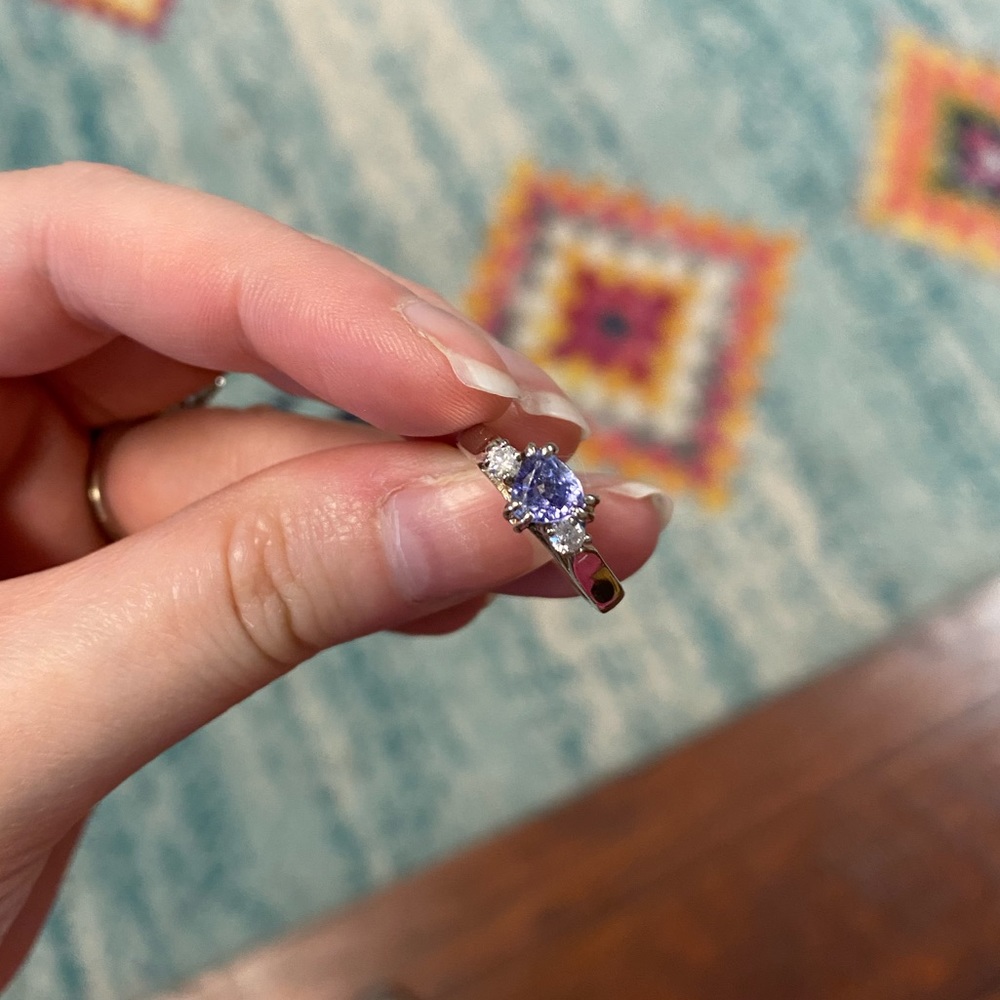 Trillion cut Tanzanite & diamond ring in 14k white gold. Genuine natural stones.